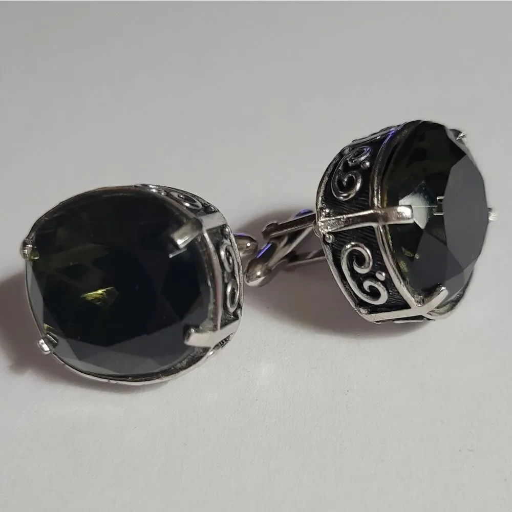 Swank Men's Silvertone Round Green Stone Cufflinks